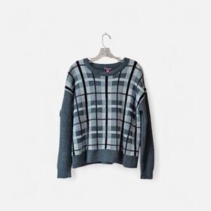 Vince Camuto Grey Plaid Crewneck Sweater Ribbed Knit Sleeves - Size Large